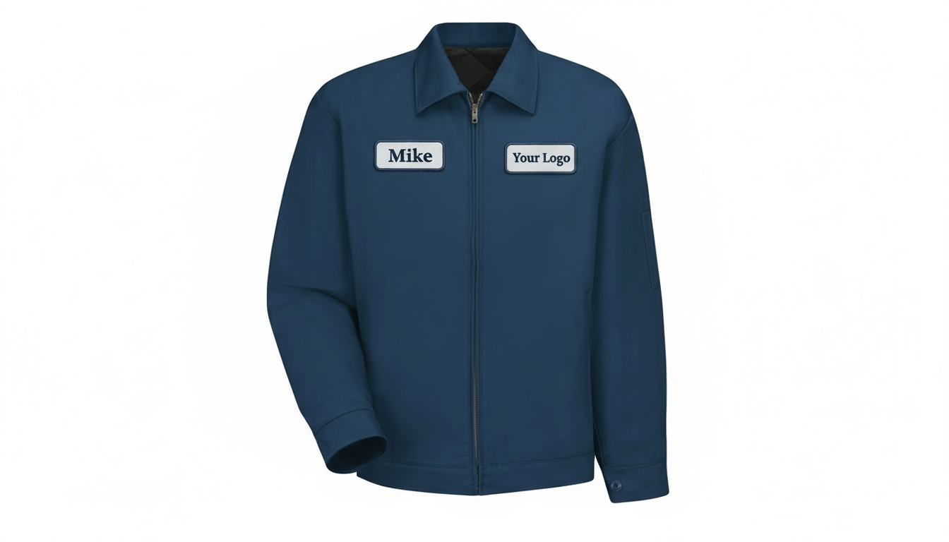 Navy work jacket with Mike name tag and Your Logo patch